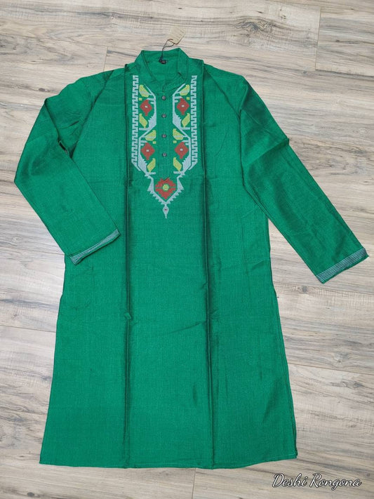 Dhakai Jamdani Tosshor Silk Green Punjabi, with multi thread work,Loose Fit,Comfortable, Elegant,Classy, Handmade from Scratch in Bangladesh