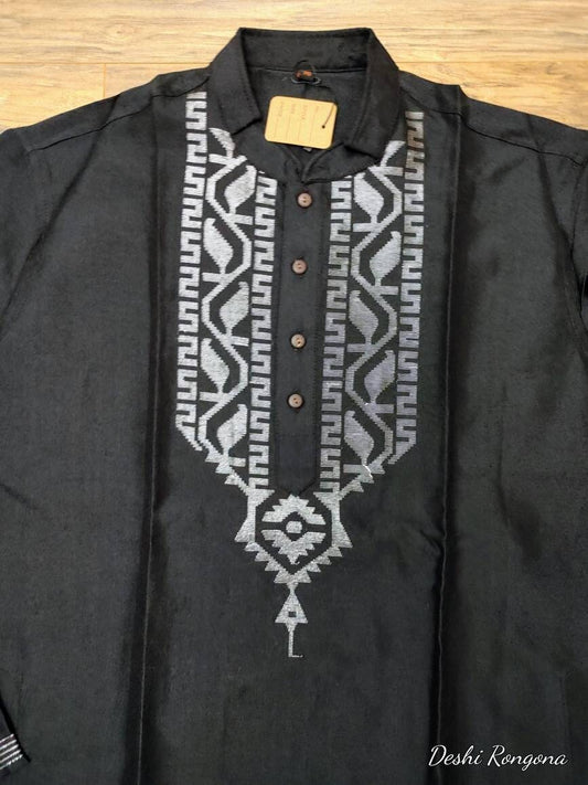 Original Dhakai Jamdani Silk Black Punjabi,with Silver thread work,Loose Fit,Comfortable, Elegant,Classy,Handmade from Scratch in Bangladesh