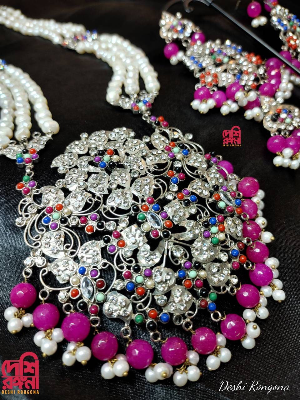 Exclusive Bridal Necklace Set, Designer Wedding Jewelry, Unpolished Natural Pearl,Silver Plated,Indian,Pakistani, Sabyasachi Bollywood Style
