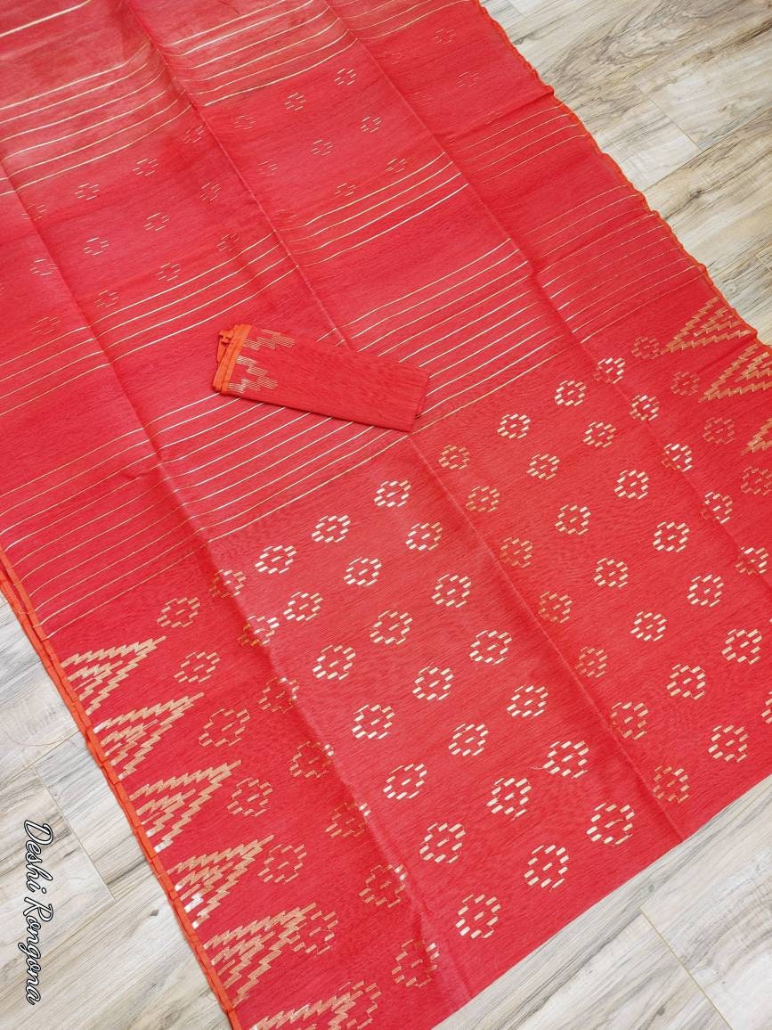 Bangladeshi Dhakai Jamdani Saree Beautiful Red With Golden work, Halfsilk, Handloom Jamdani 40 count, Traditional, Elegant, Classy Saree
