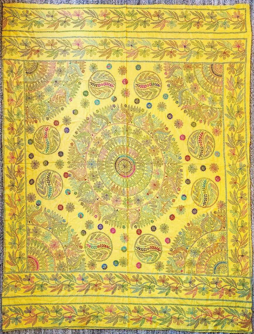 Hand Stitched Nokhsi Kantha, Baby Yellow Cotton Bed Cover Quilt, Exclusive Traditional Floral Hand Stitched Art, Made in Jashore, Bangladesh