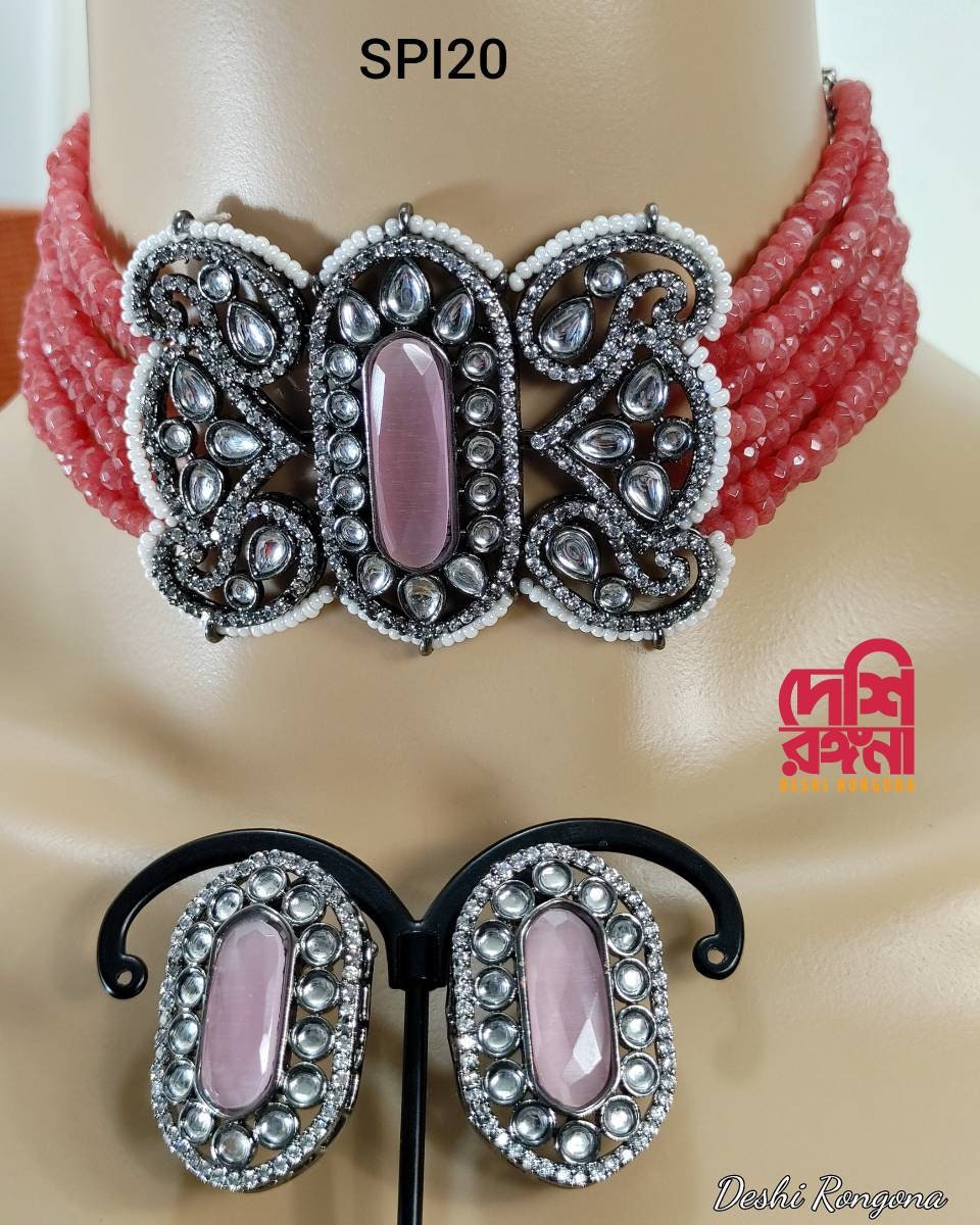 Kundan Choker Set, Indian Wedding Necklace set, Peach Color Butterfly, AD stone, Crystal, Designer Fashion Jewelry, Traditional, Sabyasachi