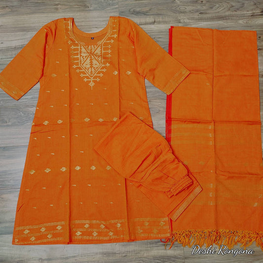 Oversize Handloom Dhakai Jamdani Cotton 3 piece, Orange with Golden Zari, Comfortable Summer Wear, Kamij-Dupatta-Salwar, Made in Bangladesh