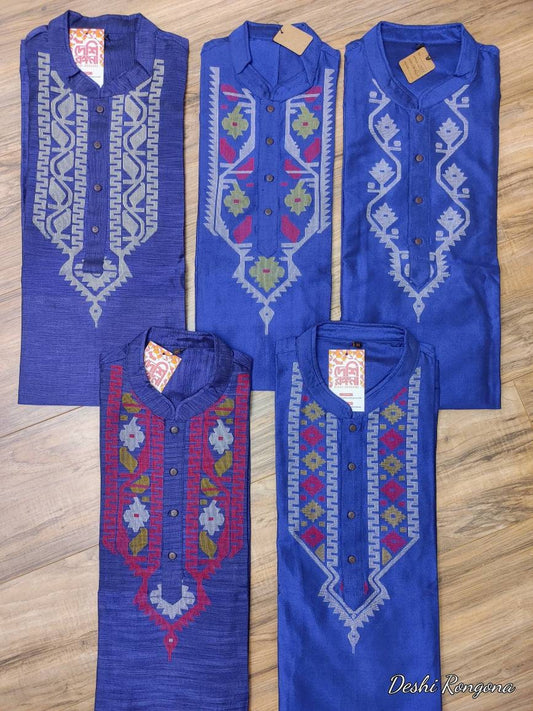 Original Dhakai Jamdani Men Punjabi, Royal Blue, Handwoven Tosshor Silk, Loose Fit, Comfortable, Elegant and Classy, Handmad in Bangladesh