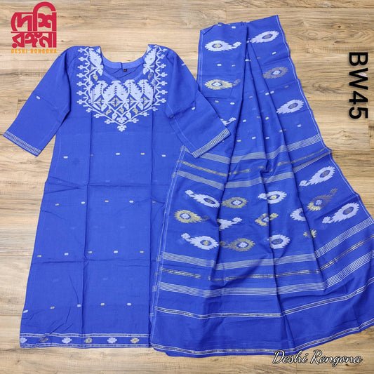 Original Dhakai Jamdani Cotton 2 piece, Blue Jamdani Dress, 100% Handwoven Cotton, Handmade, Soft,Comfortable Summer Wear, Kamij and Dupatta