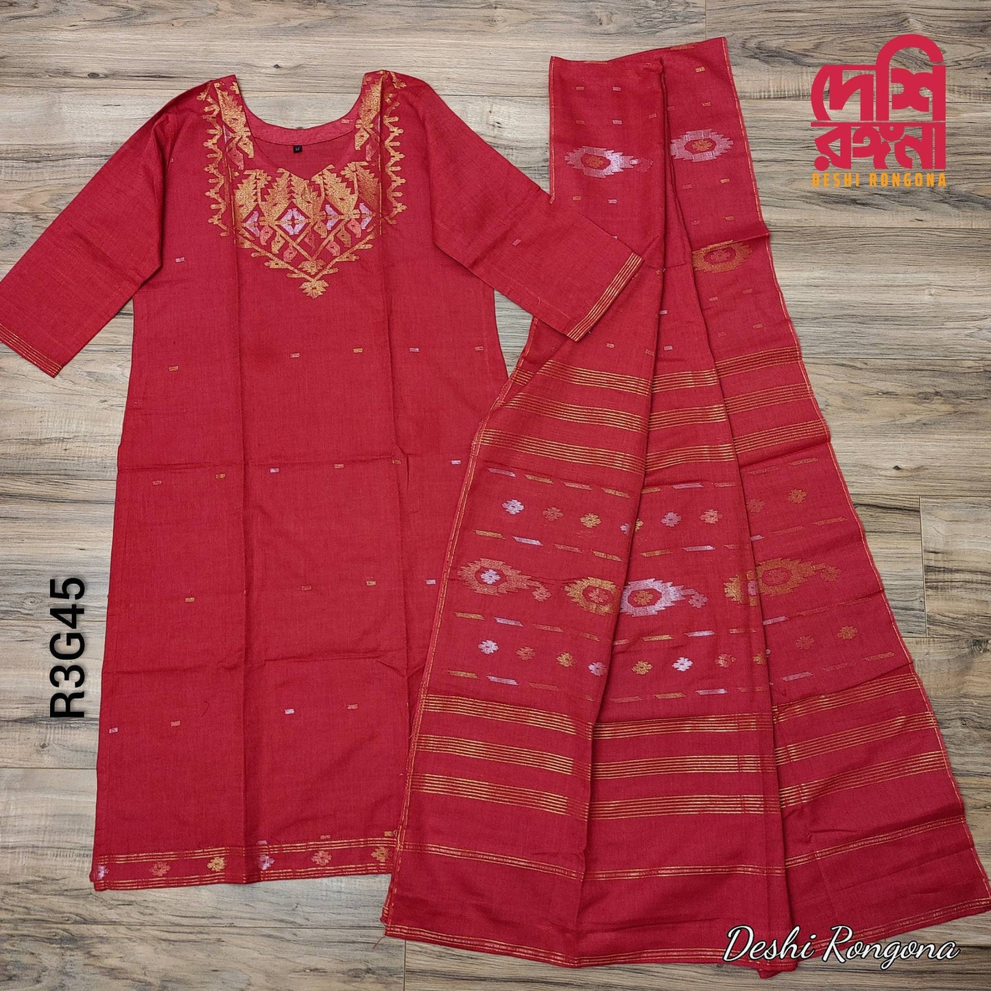 Exclusive Handloom Dhakai Jamdani Cotton 2 piece, Golden and Red Combination, Soft, Comfortable Summer Wear. Kamij and Dupatta