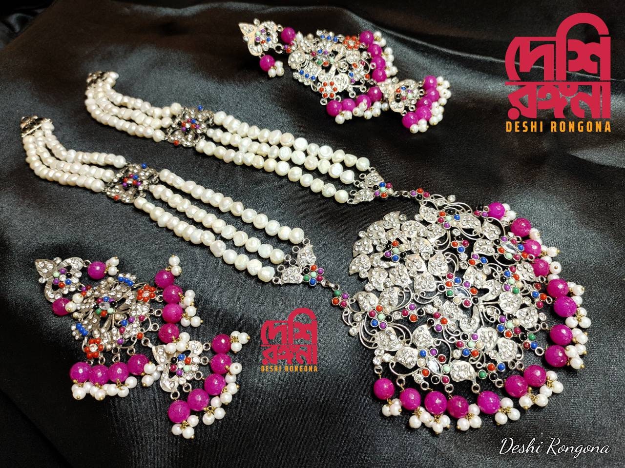 Exclusive Bridal Necklace Set, Designer Wedding Jewelry, Unpolished Natural Pearl,Silver Plated,Indian,Pakistani, Sabyasachi Bollywood Style