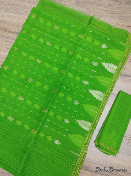 Original Dhakai Jamdani Green Saree, Beautiful Neon Green Shade Contrast, Bangladeshi Handloom Jamdani, 40 count, Traditional, Classy Saree