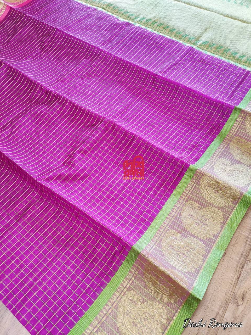 Halfsilk Madurai Saree, Beautiful Burgundy body with Jari check and Magenta/Green Ganga-Jamuna Border. Perfect Party wear.