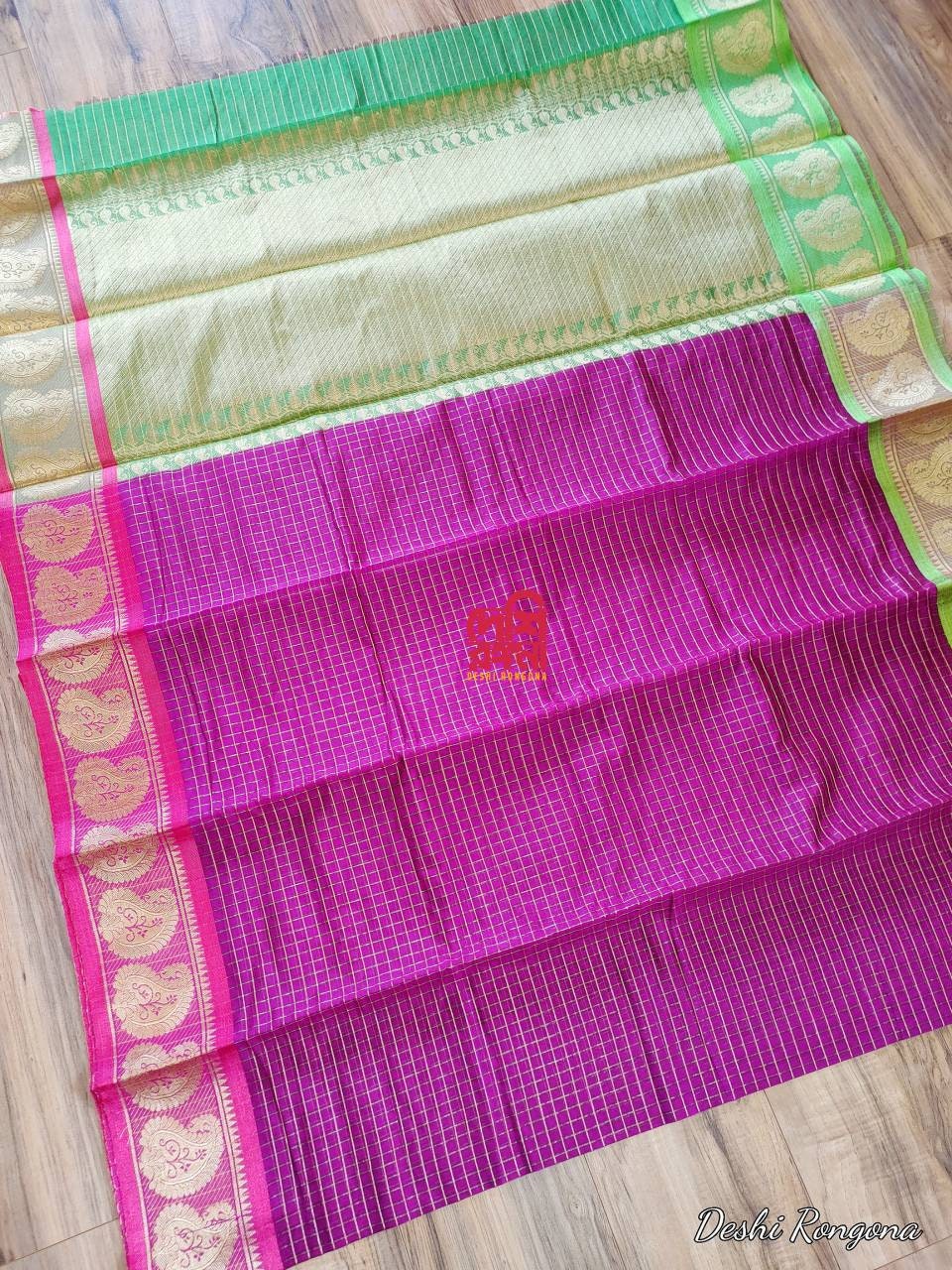 Halfsilk Madurai Saree, Beautiful Burgundy body with Jari check and Magenta/Green Ganga-Jamuna Border. Perfect Party wear.