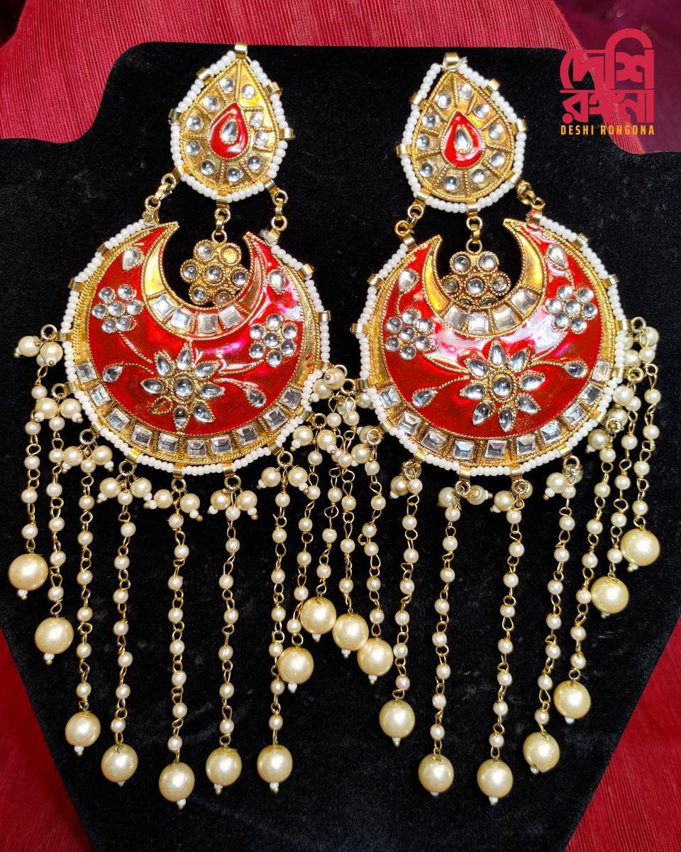 Oversized Red Chandbali Earrings, Kundan Stones, Faux Pearl, Enamel Coated Alloy, Palace Banquet Dangle Earrings, Gorgeous Party Jewelry