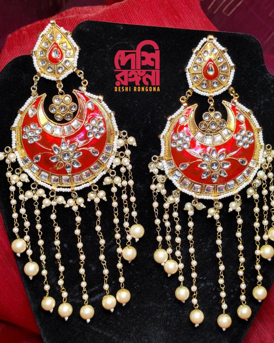 Oversized Red Chandbali Earrings, Kundan Stones, Faux Pearl, Enamel Coated Alloy, Palace Banquet Dangle Earrings, Gorgeous Party Jewelry