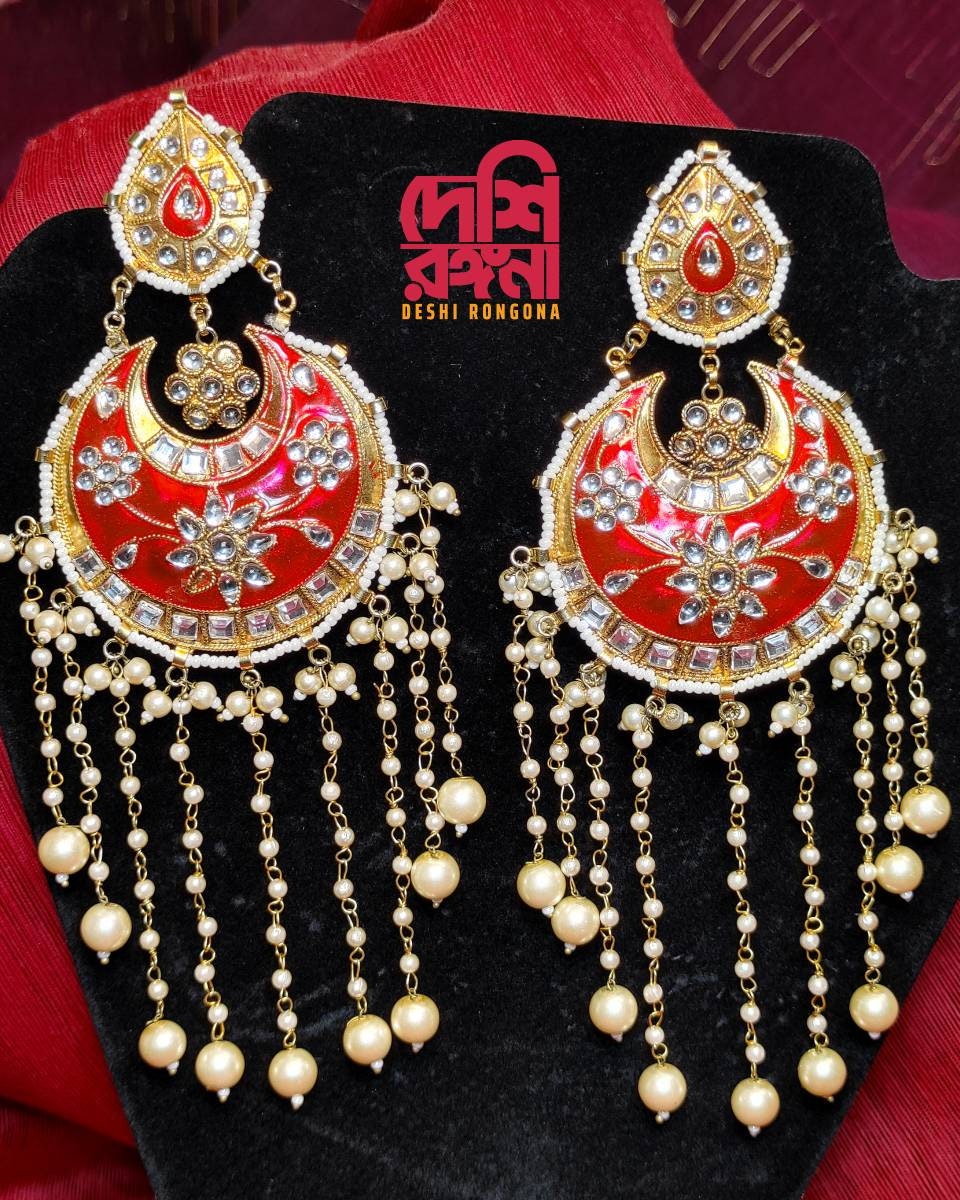 Oversized Red Chandbali Earrings, Kundan Stones, Faux Pearl, Enamel Coated Alloy, Palace Banquet Dangle Earrings, Gorgeous Party Jewelry