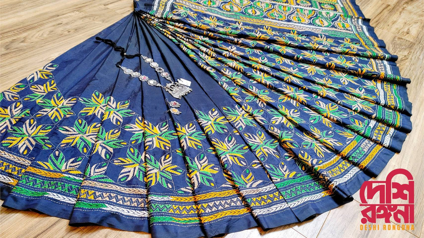 Exclusive Hand Stiched Kantha Saree, Navy Blue Bangalore Silk with Green/Yellow/Beige Contrast Kantha Stitch Works, Elegant, Classy Saree