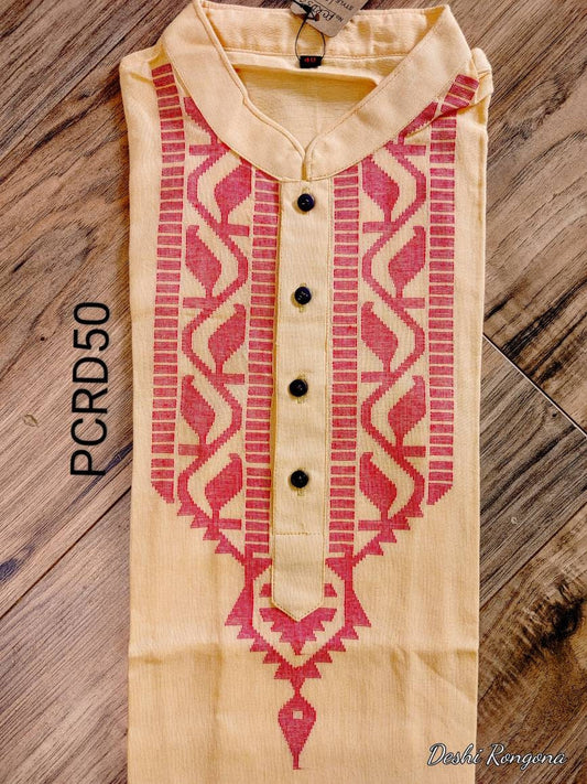 Origina Dhakai Jamdani Punjabi, Peach Color with Red Handwoven work, Handloom, Comfortable, Elegant, Made in Dhaka, Bangladesh, Slim Fit 40