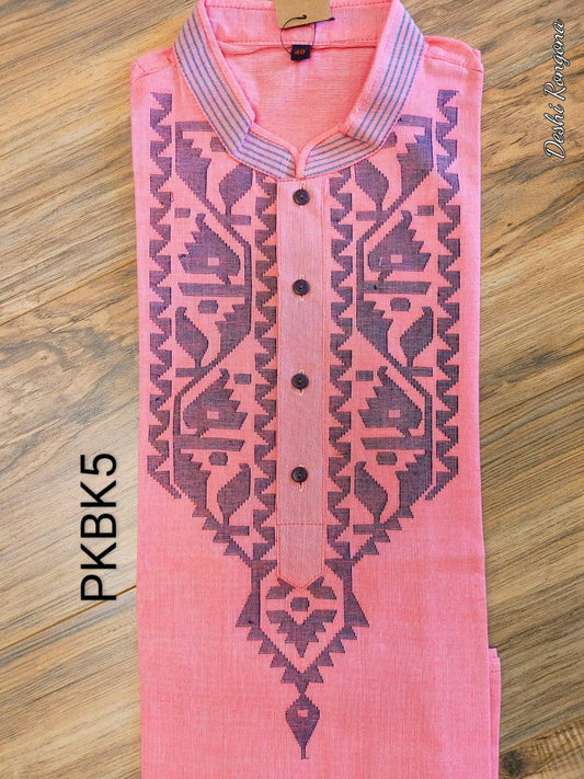 Dhakai Jamdani Tosshor Silk Punjabi, Pink and Black contrast, Loose Fit,Comfortable, Elegant and Classy, Handmade from Scratch in Bangladesh