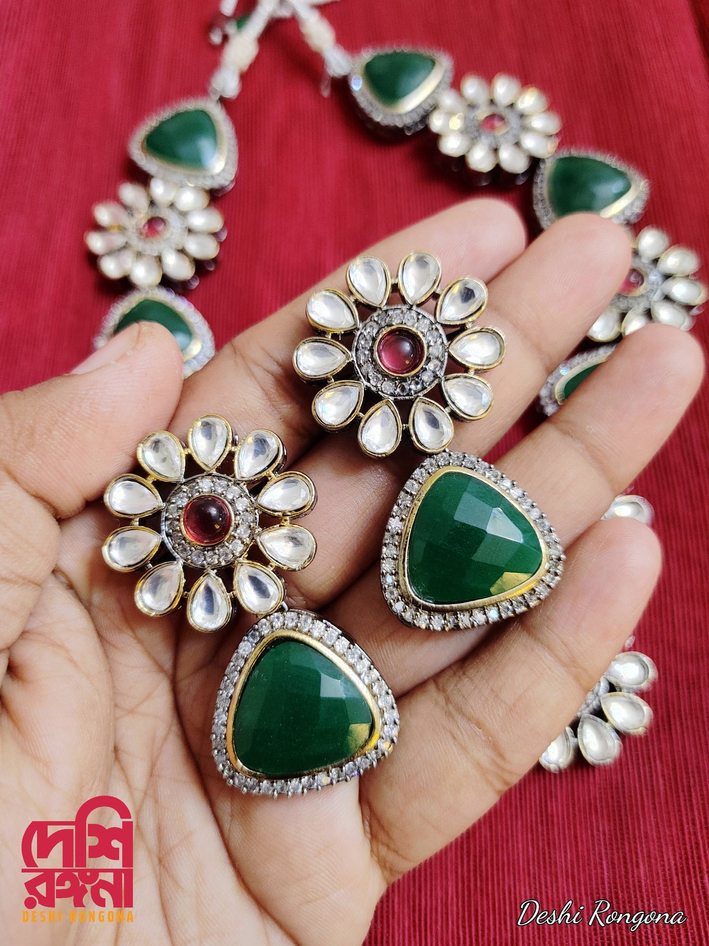 Victorian Kundan Necklace Set, Indian Wedding Necklace set, Green AD stone, Crystal, Designer Antique Fashion Jewelry, Traditional jewelry