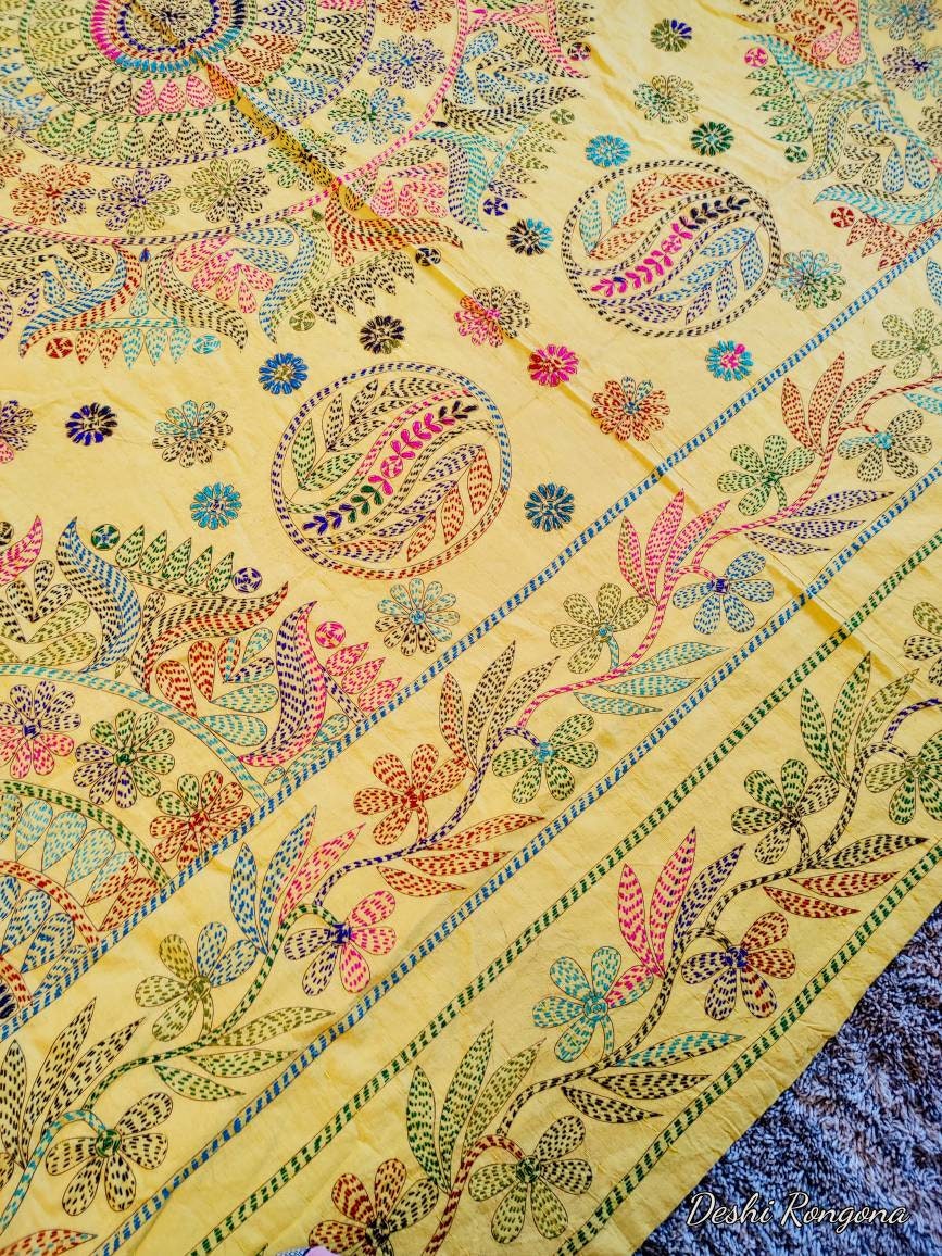 Hand Stitched Nokhsi Kantha, Baby Yellow Cotton Bed Cover Quilt, Exclusive Traditional Floral Hand Stitched Art, Made in Jashore, Bangladesh