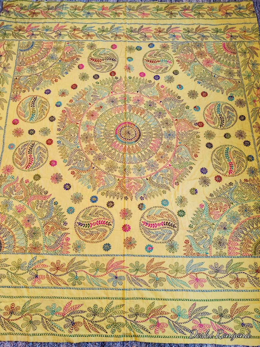 Hand Stitched Nokhsi Kantha, Baby Yellow Cotton Bed Cover Quilt, Exclusive Traditional Floral Hand Stitched Art, Made in Jashore, Bangladesh