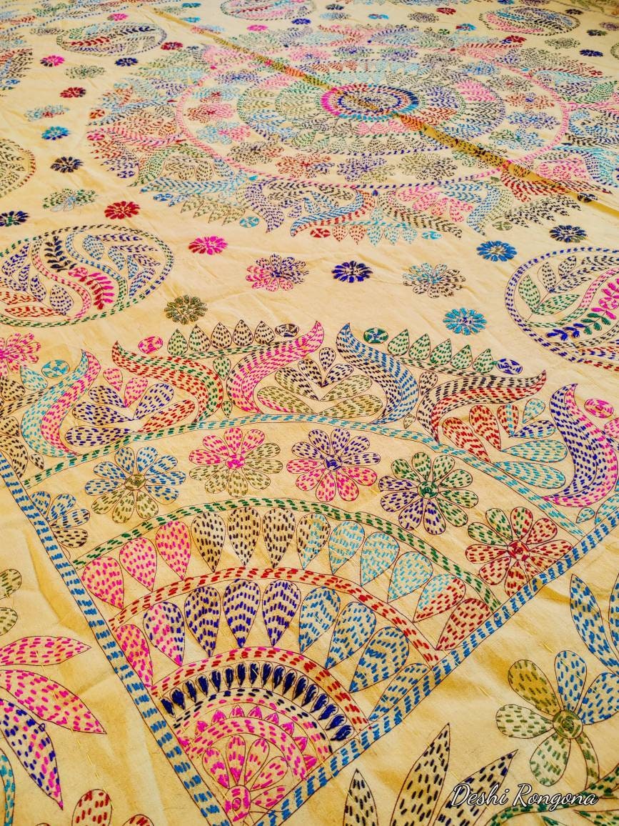 Hand Stitched Nokhsi Kantha, Baby Yellow Cotton Bed Cover Quilt, Exclusive Traditional Floral Hand Stitched Art, Made in Jashore, Bangladesh