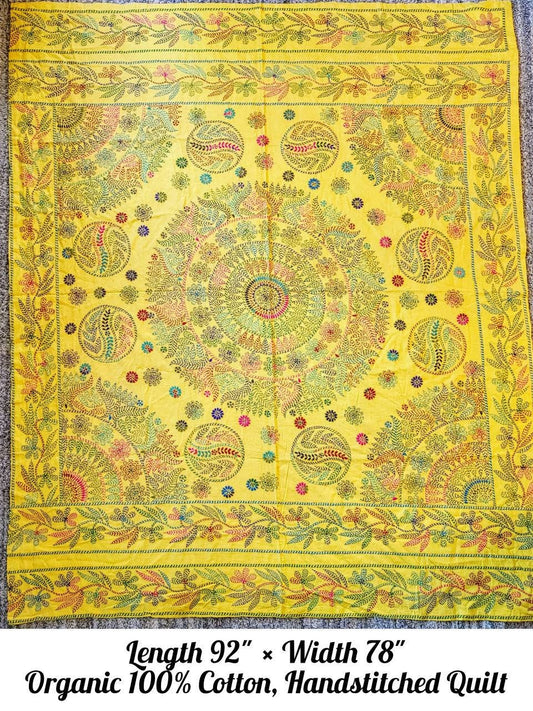 Hand Stitched Nokhsi Kantha, Baby Yellow Cotton Bed Cover Quilt, Exclusive Traditional Floral Hand Stitched Art, Made in Jashore, Bangladesh
