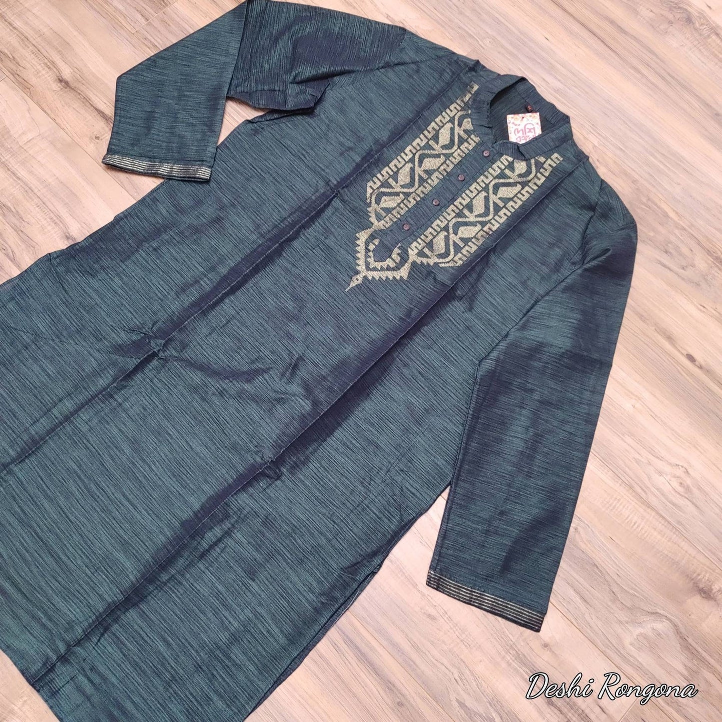 Dhakai Jamdani Tosshor Silk Deep Green Punjabi, Golden Jari work, Loose Fit,Comfortable, Elegant,Classy, Handmade from Scratch in Bangladesh