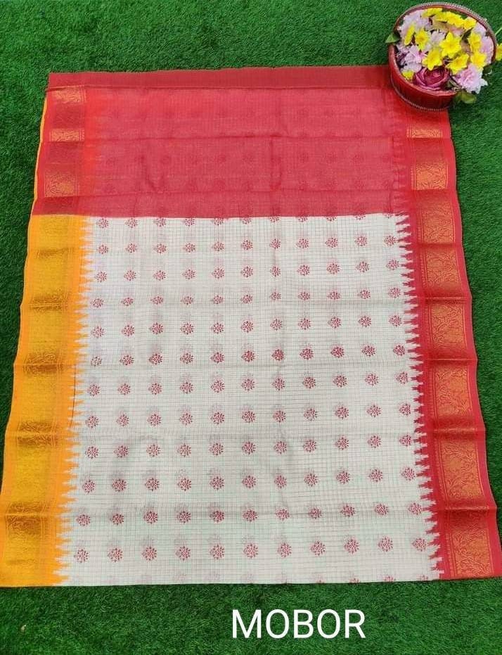 Madurai Cotton Saree, White With Red/Yellow Ganga Jamuna Border and Hand Block , Beautiful Off white body with check Jari, Party wear saree