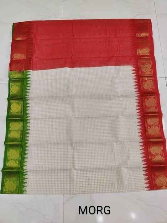 Madurai Cotton Saree, Off White With Green/Red Ganga Jamuna Border, Beautiful white body with check Jari, Perfect Party wear, Puja Saee