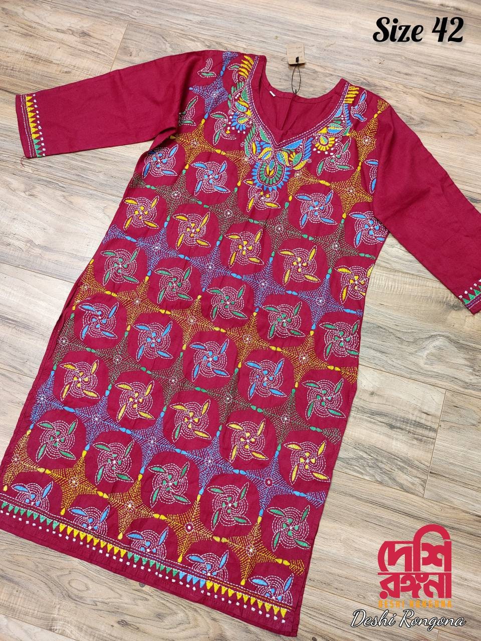 Maroon Kurti, Size 42, Hand Kantha Stitched Viva Cotton Kurti, Beautiful Handstitched with multi color thread, Rare collection of Crafts