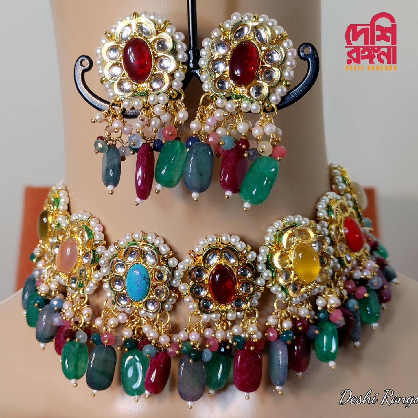 Gorgeous Kundan Choker Set,Multi Colored Indian Wedding Necklace set, AD stone, Crystal, Designer Fashion Jewelry, Traditional, Sabyasachi