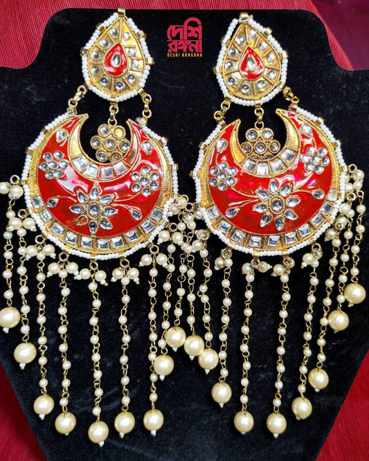 Oversized Red Chandbali Earrings, Kundan Stones, Faux Pearl, Enamel Coated Alloy, Palace Banquet Dangle Earrings, Gorgeous Party Jewelry