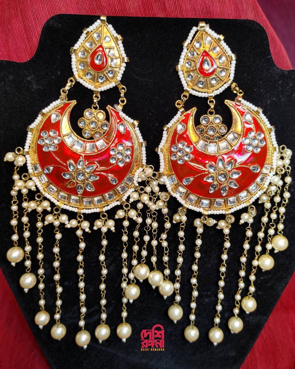 Oversized Red Chandbali Earrings, Kundan Stones, Faux Pearl, Enamel Coated Alloy, Palace Banquet Dangle Earrings, Gorgeous Party Jewelry