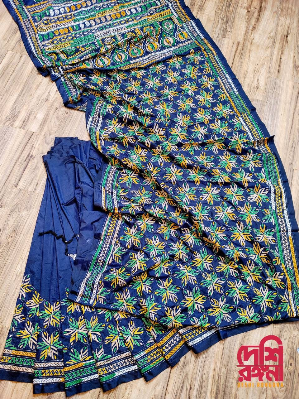 Exclusive Hand Stiched Kantha Saree, Navy Blue Bangalore Silk with Green/Yellow/Beige Contrast Kantha Stitch Works, Elegant, Classy Saree