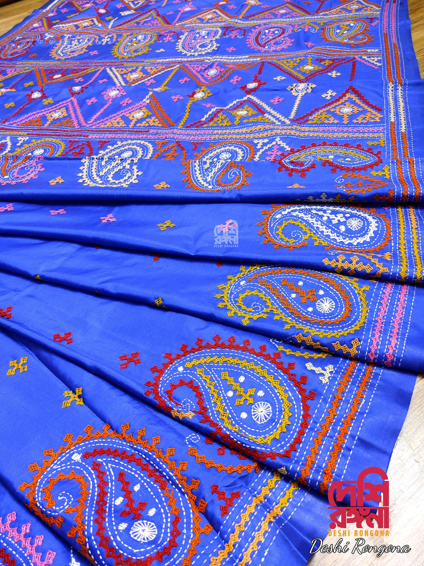 Extraordinary Hand Stiched Kantha Saree, Royal Blue Pure Bangalore Silk, Multi Gujrati Works allover, Fall/piko done, Elegant, Classy Saree