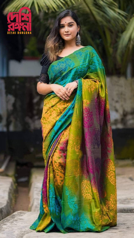 Silk Batik Saree, Hand Wax, Vegetable Died, beautiful color contrast, Premium Quality, Running blouse piece, Saree will be same as picture