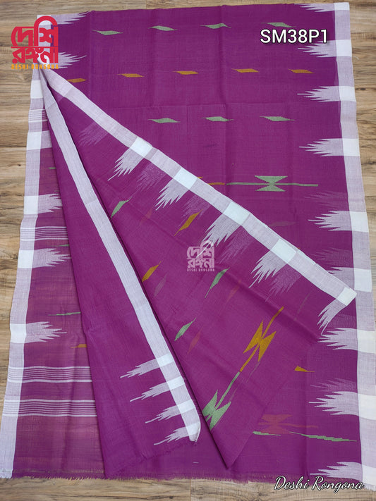 Sylheti Original Monipuri Handwoven Soft Cotton Saree, Purple Pink with White Woven Border, Bangladeshi, Traditional Saree