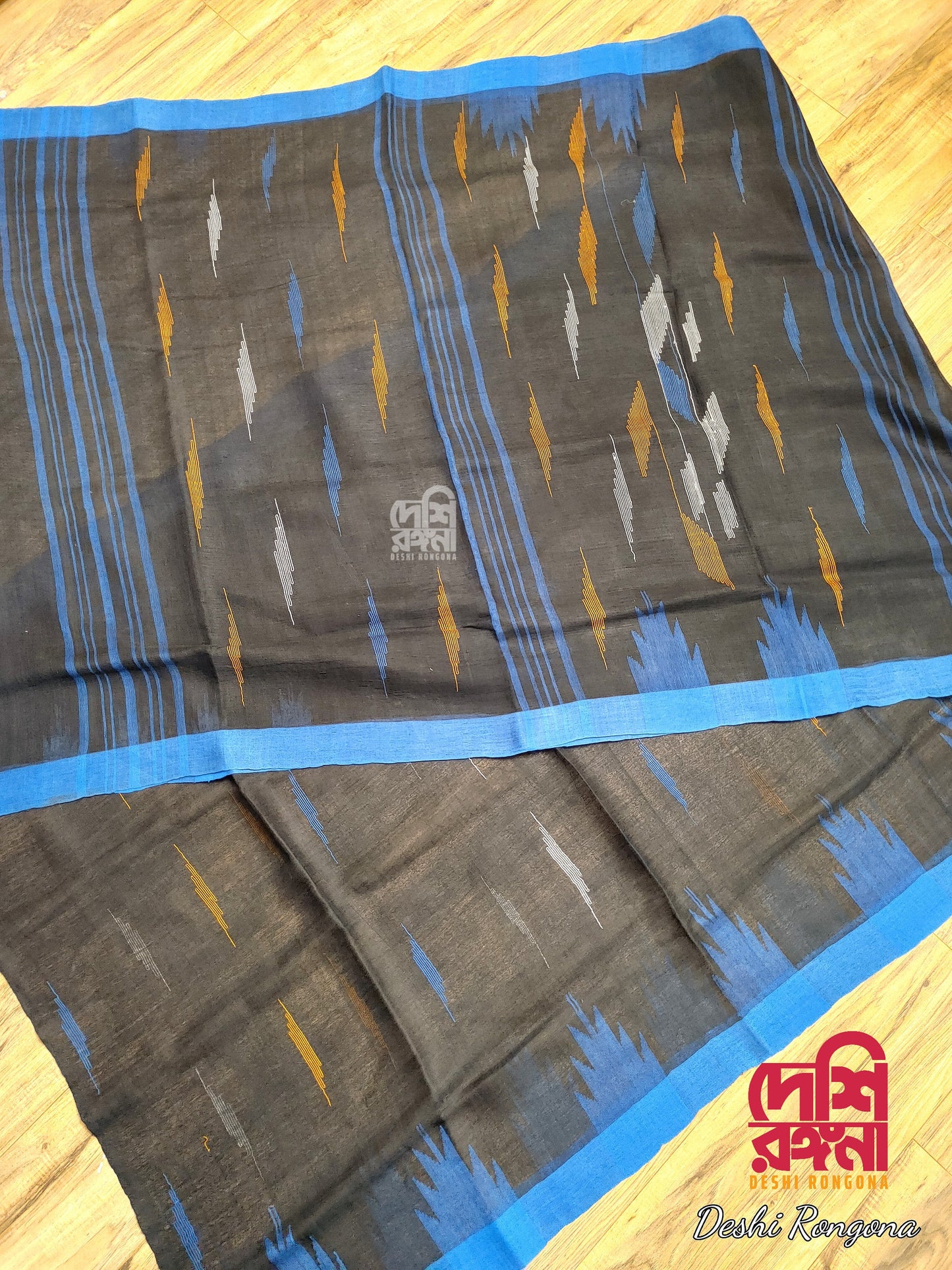 Sylheti Monipuri Handwoven Soft Cotton Saree, Black with Blue Contrast Woven Border, Bangladeshi, Traditional Comfortable Everyday Wear