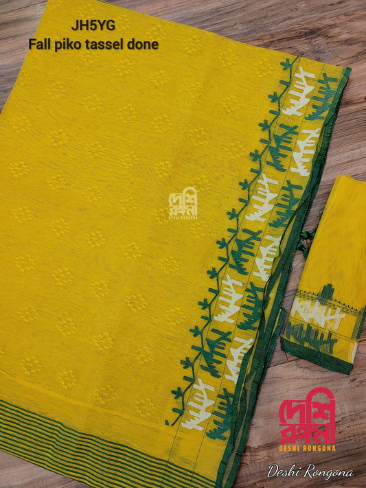 OriginalbDhakai Jamdani Saree Yellow with Green Border Contrast Work, Handloom Jamdani 84 count thread, Traditional,Elegant, Classy Saree