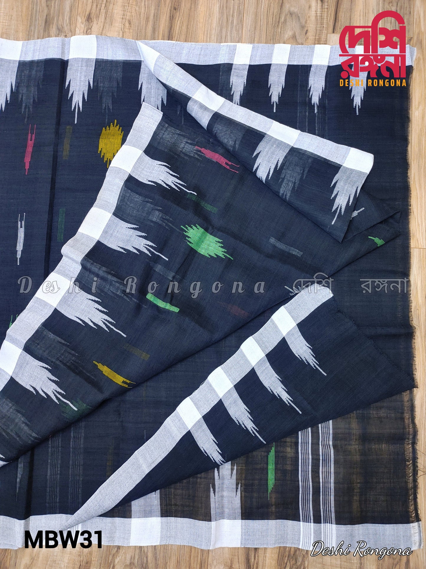 Sylheti Original Monipuri Handwoven Soft Cotton Saree, Black with White Woven Border, Ekushe February theme, Bangladeshi, Traditional Saree