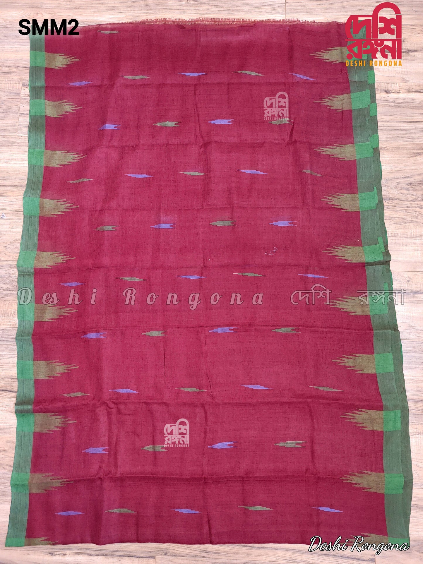 Sylheti Original Monipuri Handwoven Soft Cotton Saree, Maroon with Green Woven Border, Bangladeshi, Traditional Saree