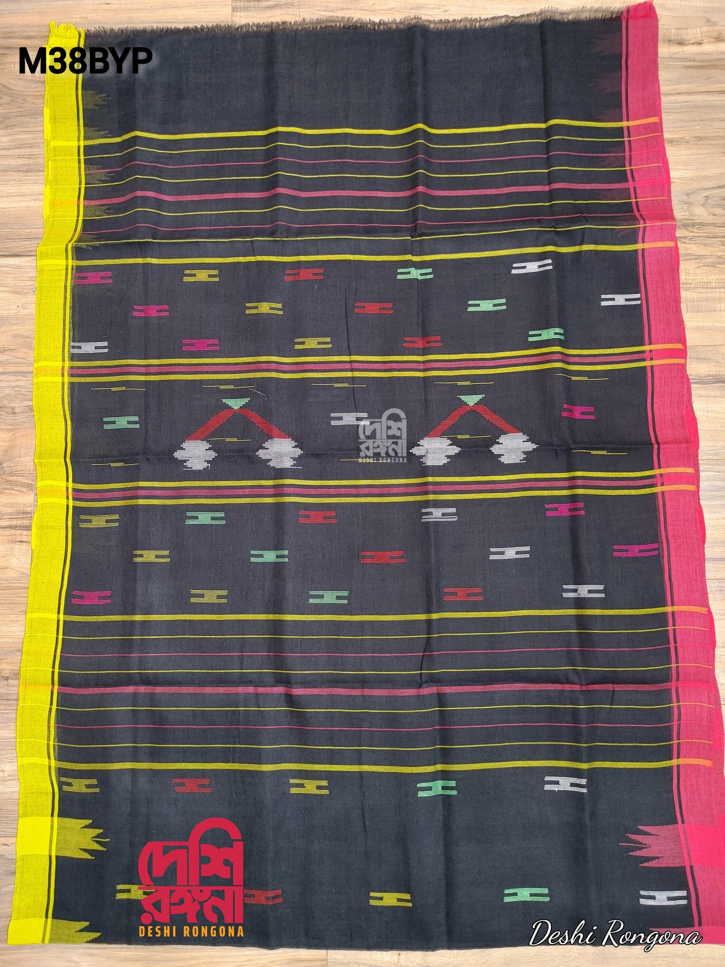 Sylheti Original Monipuri Handwoven Soft Cotton Saree, Black with Yellow/Pink Ganga Jamuna Woven Border,Bangladeshi,Traditional Saree