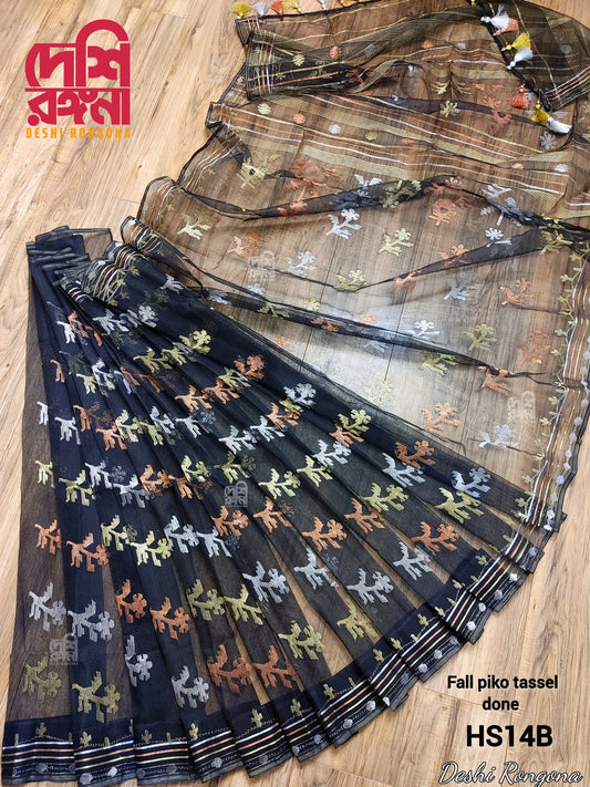 Original Dhakai Jamdani Saree, Black with 3 Color Jari Work, Handloom Jamdani 100 count thread, Bangladeshi Traditional,Elegant Party Saree