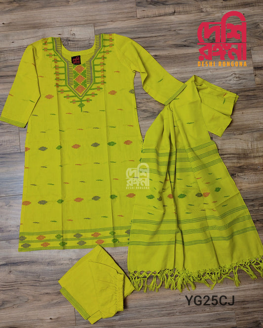 Original Dhakai Jamdani Cotton 3 piece, Lemon Yellow, Handwoven, Soft, Comfortable Summer Wear. Kamij, Pant and Dupatta, Size 38 to 52