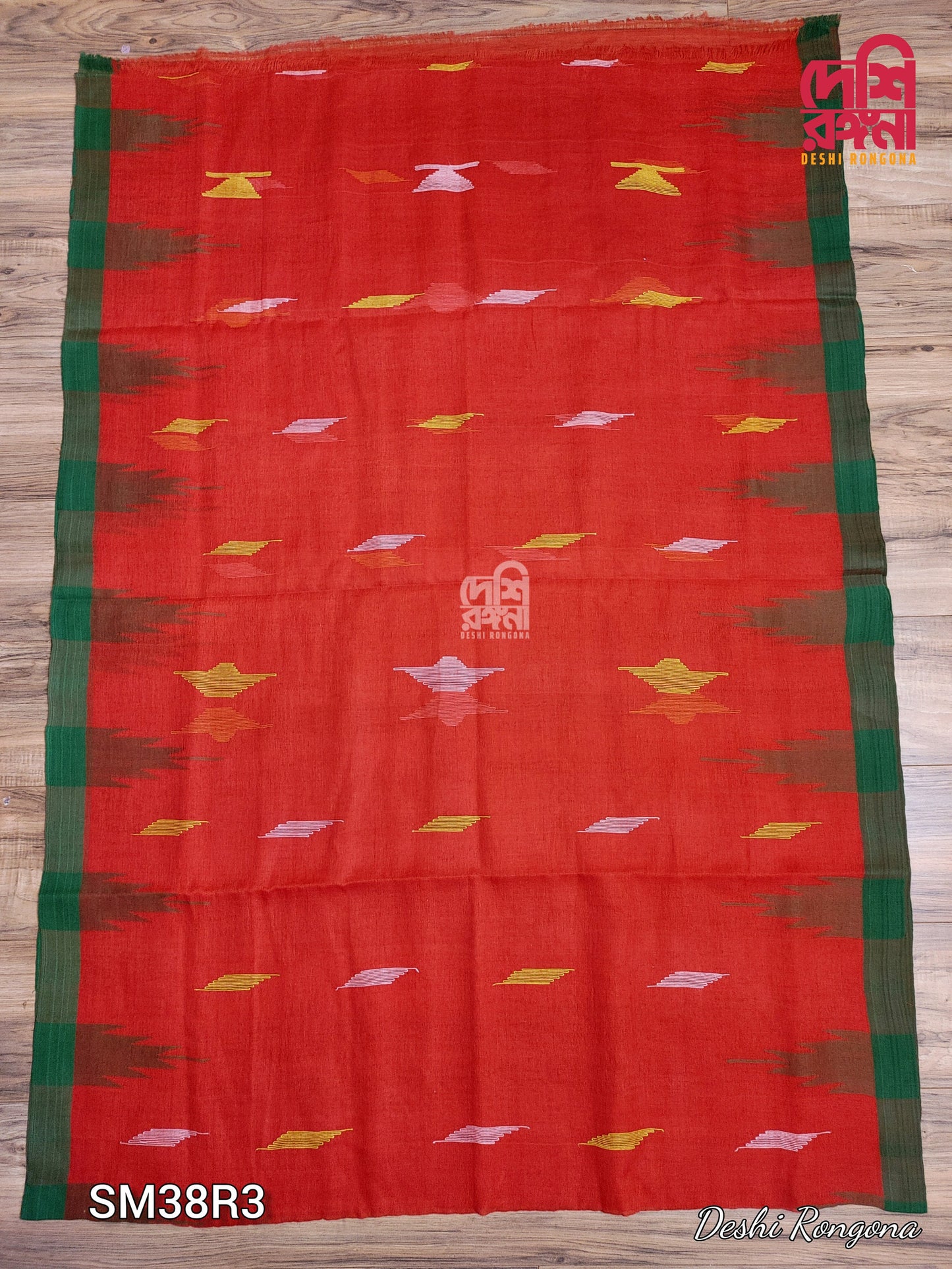 Sylheti Original Monipuri Handwoven Soft Cotton Saree, Red with Green Woven Border, Bangladeshi, Traditional Saree