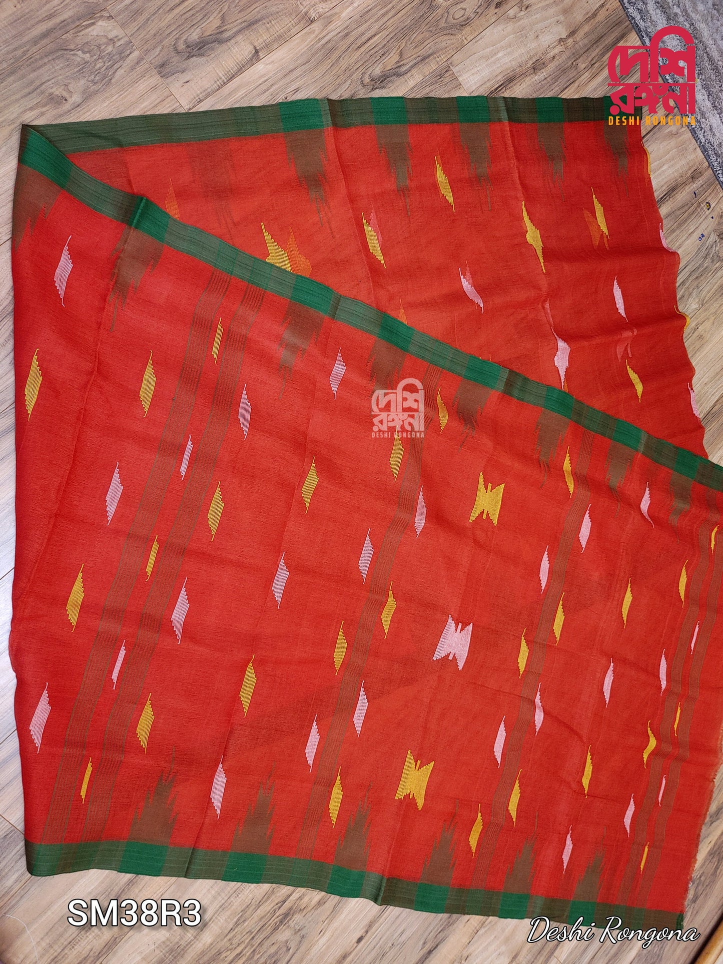 Sylheti Original Monipuri Handwoven Soft Cotton Saree, Red with Green Woven Border, Bangladeshi, Traditional Saree