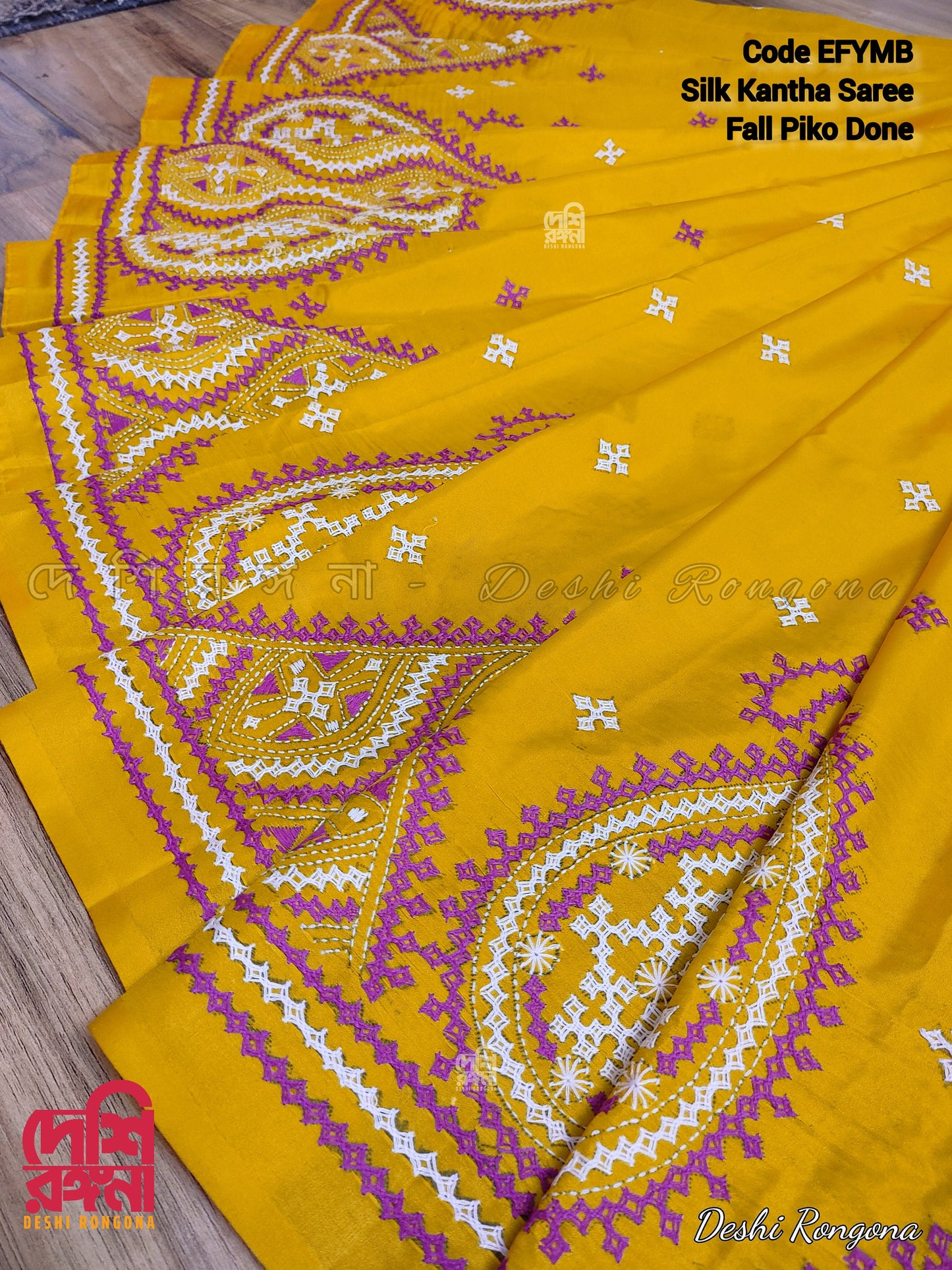 Extraordinary Hand Stiched Kantha Saree, Yellow Bangalore Silk with Purple Gujrati Kantha Works, Fall piko done, Unstitched Blouse piece