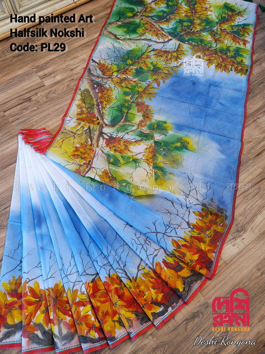 Butea Bloom Nokshi Saree – Handpainted Halfsilk