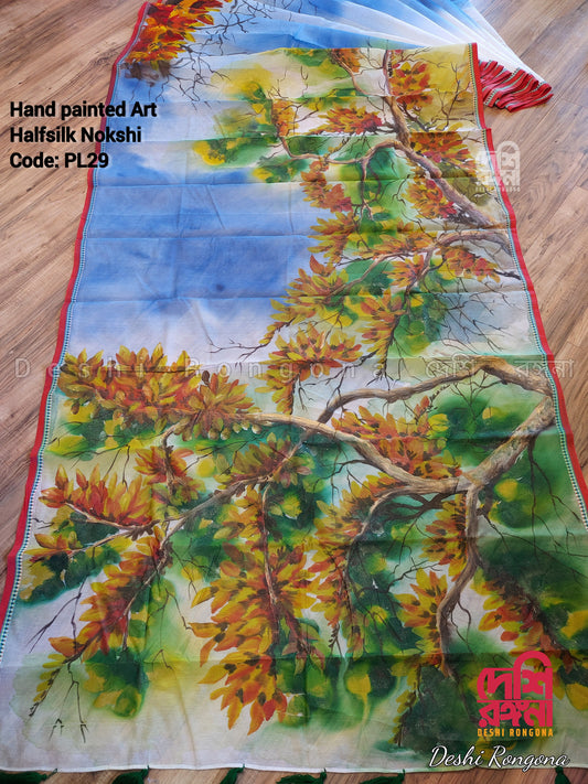 Handpainted Art, Butea Flower on Original Tangail Halfsilk Nokshi Border Saree, Soft, Classy, water color, Machine Washable, Piku Tassle