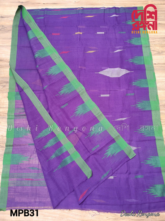 Sylheti Original Monipuri Handwoven Soft Cotton Saree, Purple with Green Hand Woven Border,Bangladeshi,Traditional Saree