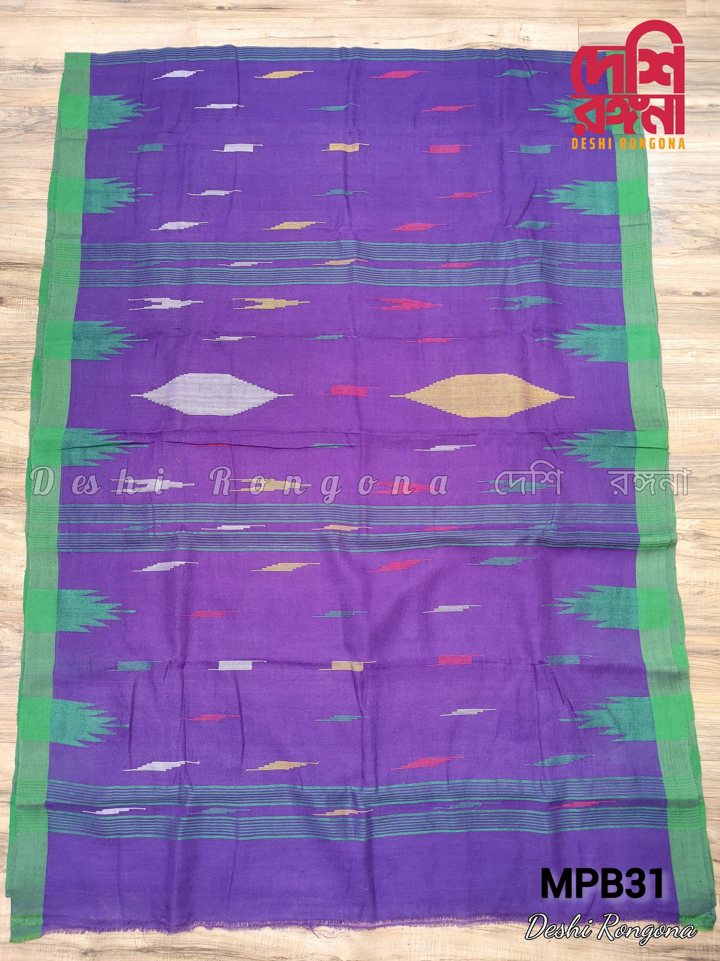 Sylheti Original Monipuri Handwoven Soft Cotton Saree, Purple with Green Hand Woven Border,Bangladeshi,Traditional Saree